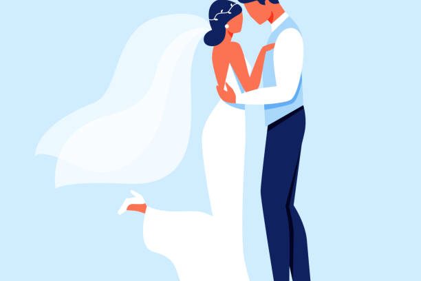 Bride and Groom Characters Hugging, Young Lady in White Wedding Dress Standing Together with Man in Festive Classic Suit Isolated on Blue Background, Wedding Ceremony Cartoon Flat Vector Illustration.