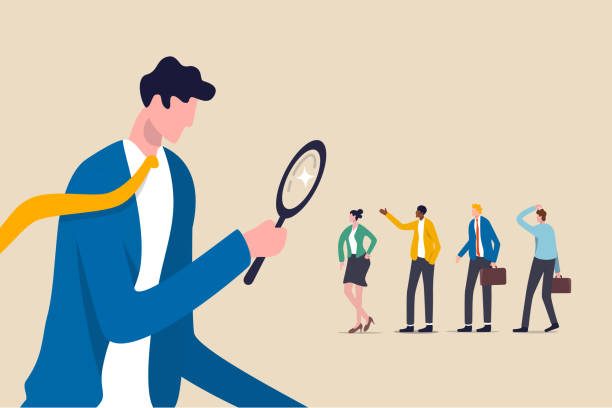Searching the best candidate or job, Human resources, head hunt, choosing talent for job vacancy or company recruitment concept, employer boss or HR use magnifying glass to choose job interview people