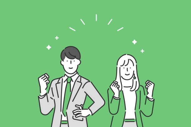 Illustration of male and female businesspersons posing gutsy with positive expressions.